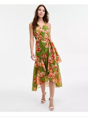 NWT Anne Klein Floral Maxi Dress 16W Green Wrap V Neck Belted Wedding Guest